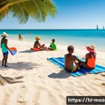 Home 18 모잠비크에서 추천하는 가족 여행지 - A vibrant, family-friendly beach scene in Mozambique during a sunny day, featuring clean and safe sa...
