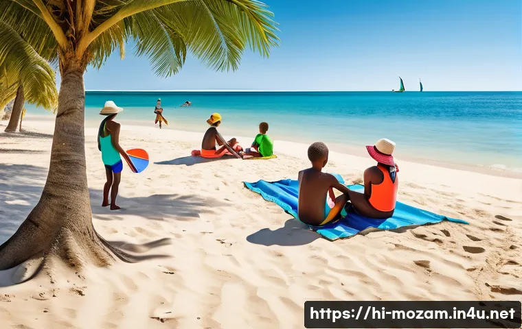 모잠비크에서 추천하는 가족 여행지 - A vibrant, family-friendly beach scene in Mozambique during a sunny day, featuring clean and safe sa...