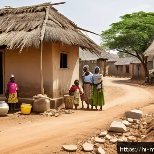 Home 29 모잠비크 내전 역사 - A detailed rural Mozambican village scene post-civil war, showing displaced families rebuilding home...
