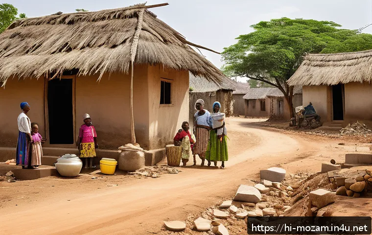 모잠비크 내전 역사 - A detailed rural Mozambican village scene post-civil war, showing displaced families rebuilding home...