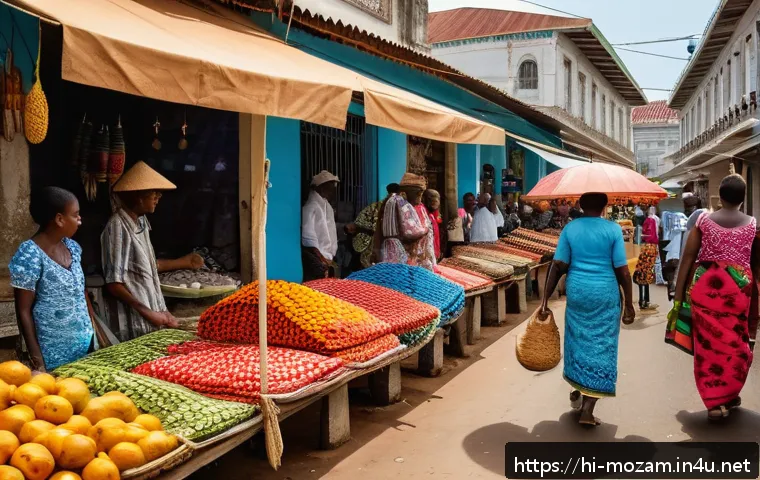 마푸투 역사 기행 - A vibrant street scene in Maputo featuring a bustling local market filled with colorful traditional ...