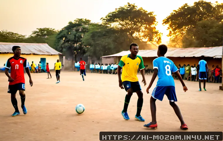 모잠비크의 스포츠 문화 - Photorealistic outdoor football match in Mozambique, diverse young adult players in plain colorful j...
