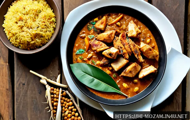 Home 17 모잠비크에서 먹어봐야 할 음식 TOP 10 - Photorealistic overhead food photography of a traditional Mozambican feast on a rustic wooden table:...
