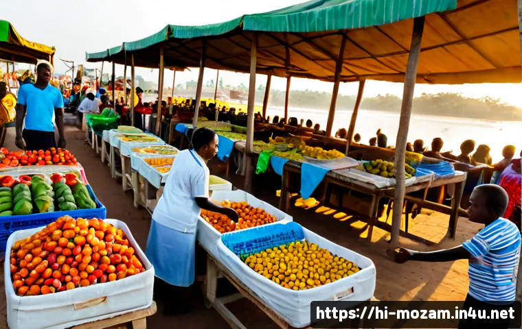 모잠비크의 대표적인 전통시장 - Photorealistic wide-angle morning scene at a traditional open-air market in Maputo, Mozambique, welc...